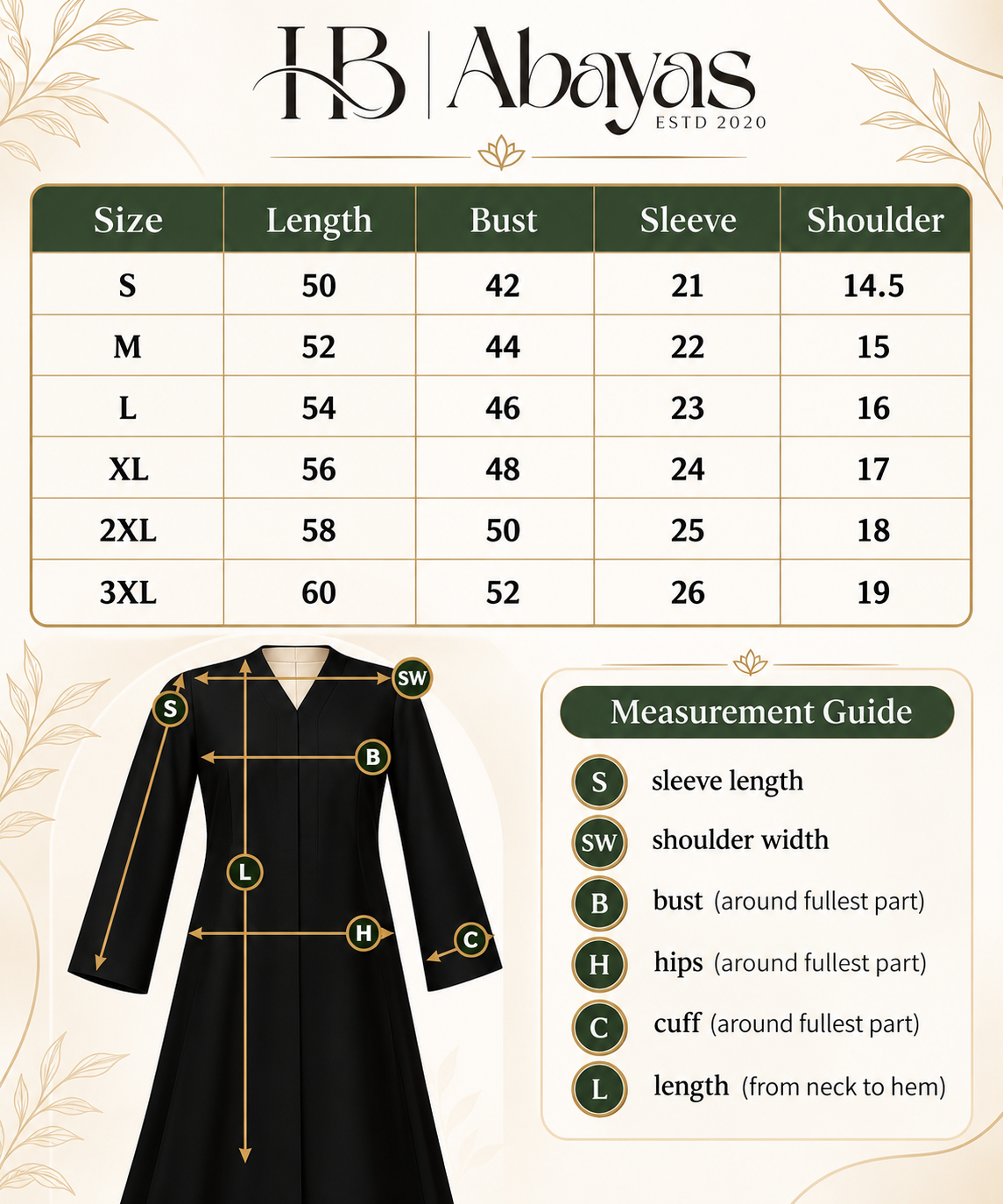 HB Abayas size chart and measurement guide